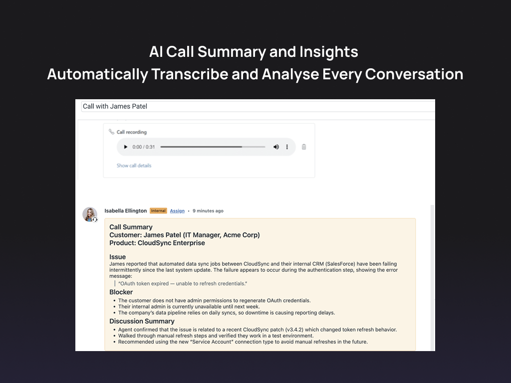 Call Insights & Summary by Pluno primary marketing image — Contact Center app on the Zendesk Marketplace