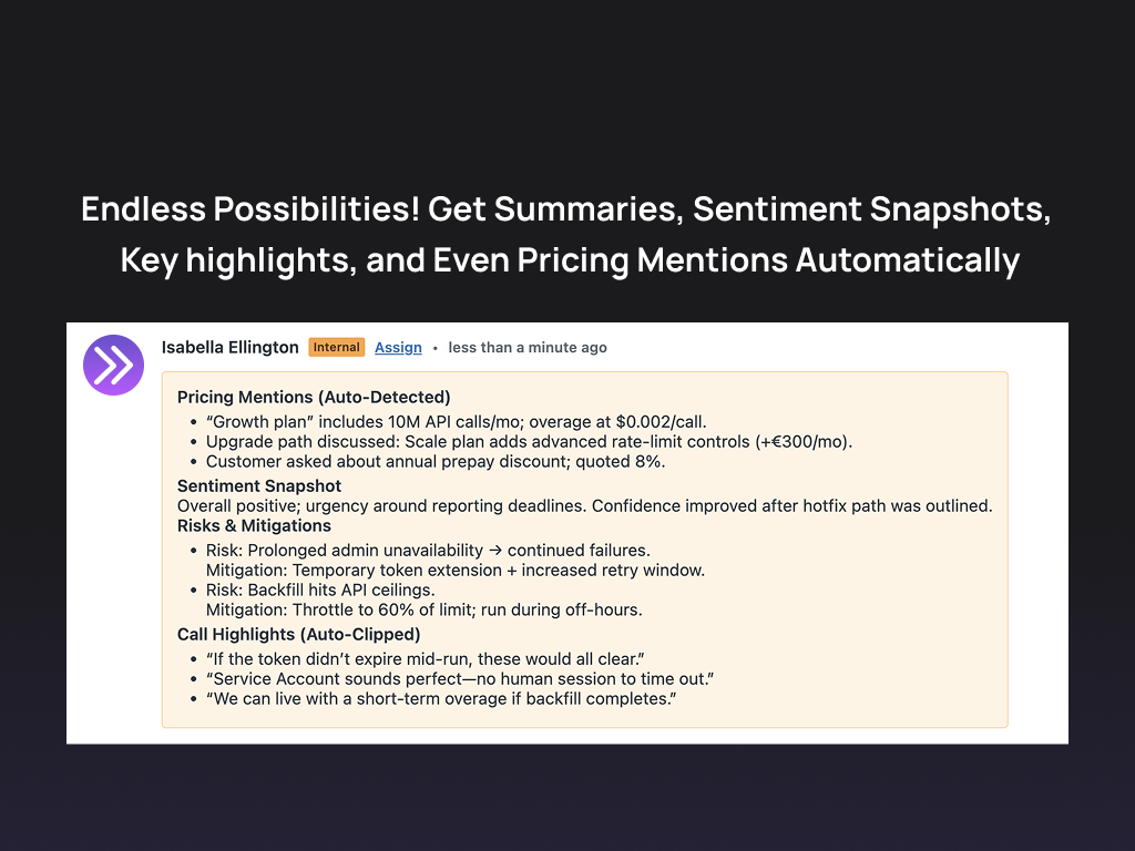 Call Insights & Summary by Pluno feature detail — Contact Center app on the Zendesk Marketplace